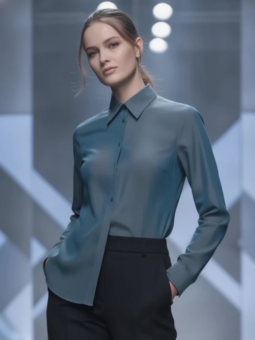 NASTRA European Luxury Slate Blue 100% Cotton Button Down Shirt Blouse